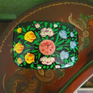 Vintage Lacquer Tea Box Trinket Box Black with Flowers Highly Collectible